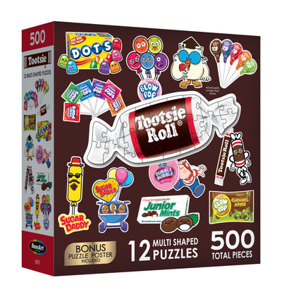 Box of Cra-Z-Art - RoseArt - Mini Shaped - TOOTSIE ROLLS - 500 Piece Jigsaw Puzzles - Challenging Family Fun featuring various candy brands such as Tootsie Roll, Dots, Sugar Daddy, Junior Mints, and Blow Pop.
