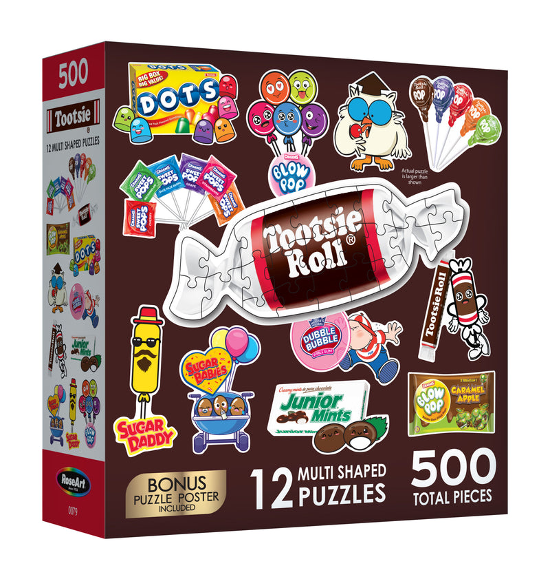 Box of Cra-Z-Art - RoseArt - Mini Shaped - TOOTSIE ROLLS - 500 Piece Jigsaw Puzzles - Challenging Family Fun featuring various candy brands such as Tootsie Roll, Dots, Sugar Daddy, Junior Mints, and Blow Pop.