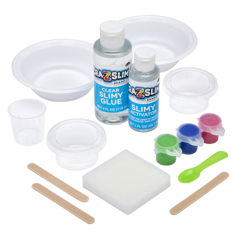 Contents of Cra-Z-Slimy Jelly Cube DIY scented slime kit out of box with clear slime glue, activator, 3 colorants, 25 foam cubes, mixing tools, bowls, and storage cups for ages 6+.
