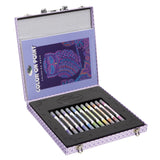 Open RoseArt Timeless Creations On Point Studio 45-piece dot art and coloring set showing double-sided washable markers, coloring book, dot art posters and purple carrying case.