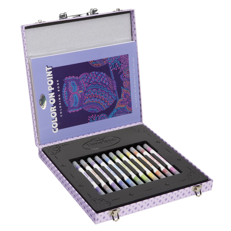 Open RoseArt Timeless Creations On Point Studio 45-piece dot art and coloring set showing double-sided washable markers, coloring book, dot art posters and purple carrying case.
