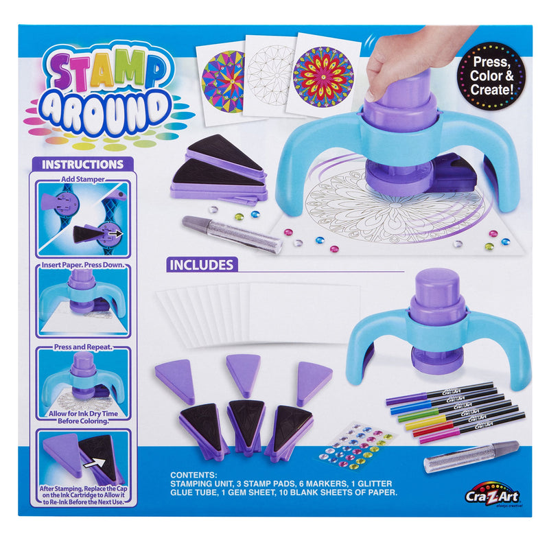 Back of package of Cra-Z-Art Stamp Around Mandala Stamp & Color Art Kit for kids ages 6 and up, featuring a mandala stamper, colorful markers, and glitter glue for creating and decorating symmetrical mandala art.