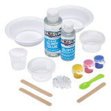 Contents of Cra-Z-Slimy Crunchy Pop DIY scented slime kit out of box with clear slime glue, activator, colorants, crunchy beads, mixing tools, cups, and bowls for kids ages 6+.
