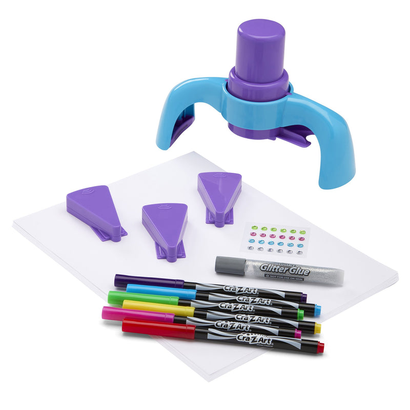 Cra-Z-Art Stamp Around Mandala Stamp & Color Art Kit for kids ages 6 and up, out of box featuring a mandala stamper, colorful markers, and glitter glue for creating and decorating symmetrical mandala art.