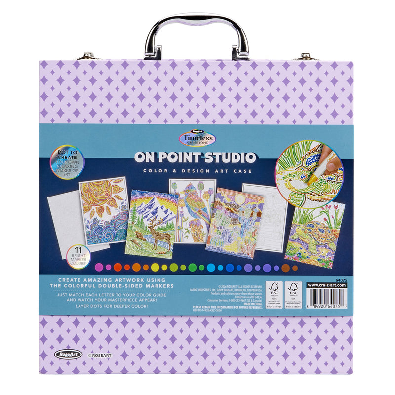 Back of the RoseArt Timeless Creations On Point Studio 45-piece dot art and coloring set with double-sided washable markers, coloring book, dot art posters and purple carrying case.