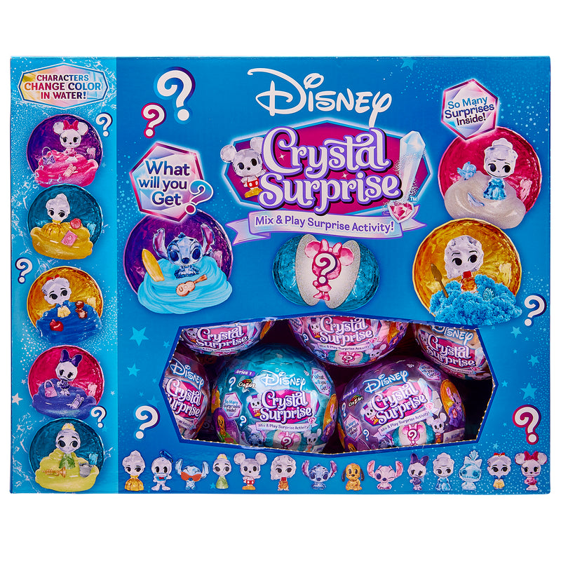 The Disney Crystal Surprise Color Change Ball toy set is packaged in vibrant packaging and includes various toys and mystery items.