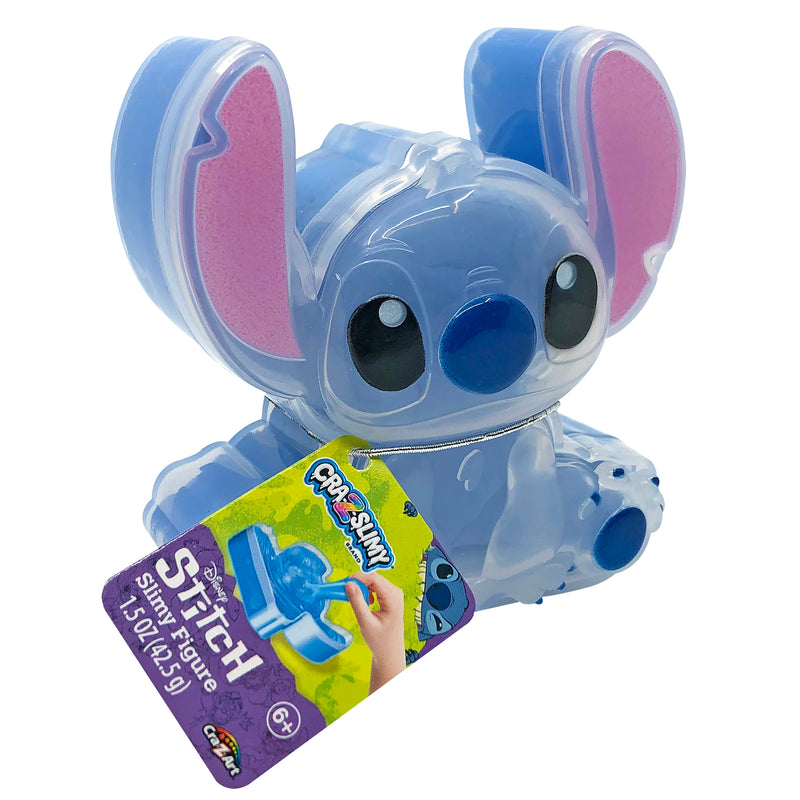 This Stitch Shaped Cra-Z-Slimy Container, featuring a blue cartoon character with large ears reminiscent of Stitch, includes a tag labeled "Stitch Slime Tastic." Inside, you'll find Cra-Z-Slimy fun suitable for ages 6 and up.