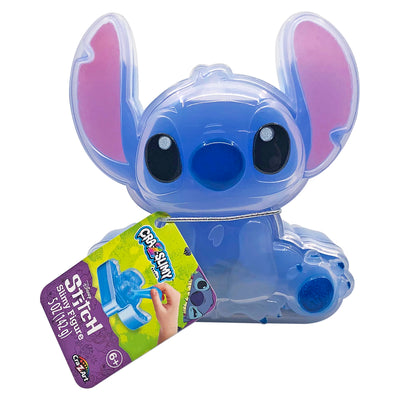 A Stitch-shaped squishy toy in blue, featuring large ears and gripping a tag that reads "Color Splum!" and "Stitch Squishy"—an ideal choice for fans looking for the Cra-Z-Slimy experience.
