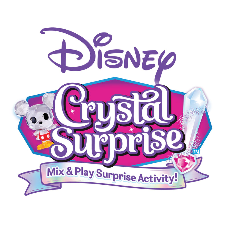 Disney Crystal Surprise logo showcasing a cartoon mouse and a sparkling crystal. Text reads: "Disney Crystal Surprise Color Change Ball - Mix & Play Surprise Activity!