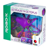 A boxed ROBO-X Octavius The Octopus Interactive Robotic Toy features a purple octopus figure visible through a plastic window, with interactive features listed on the packaging.