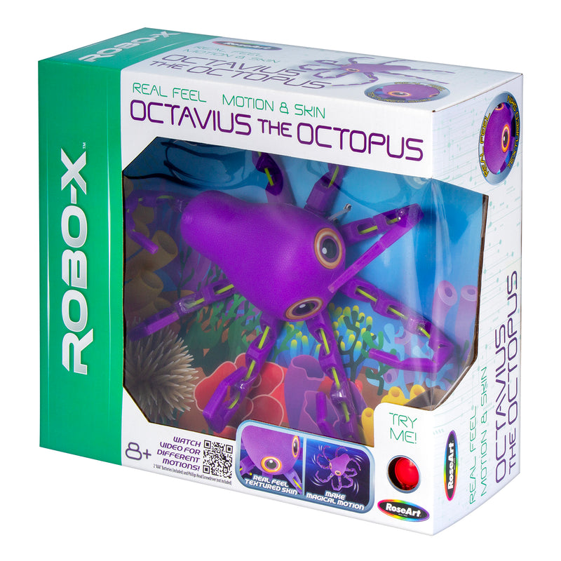A boxed ROBO-X Octavius The Octopus Interactive Robotic Toy features a purple octopus figure visible through a plastic window, with interactive features listed on the packaging.