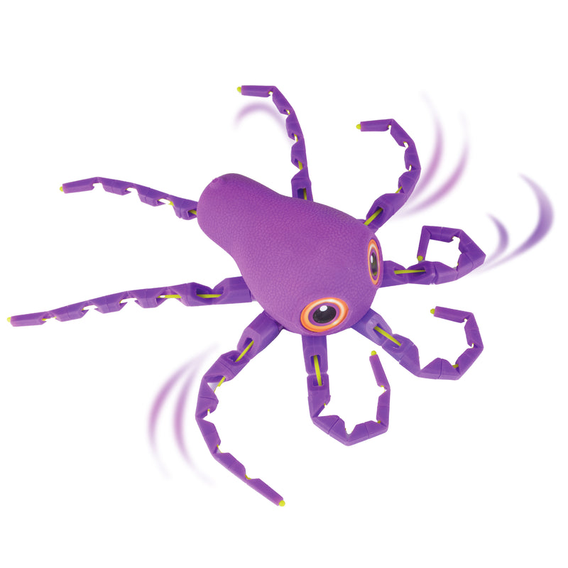 ROBO-X Octavius The Octopus Interactive Robotic Toy features a purple body, eight jointed legs, large eyes, and yellow accents, creating a lifelike sense of motion.