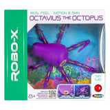 ROBO-X Octavius The Octopus Interactive Robotic Toy—a purple robotic octopus with textured skin, lifelike movement, and boxed packaging. Suitable for ages 8+.