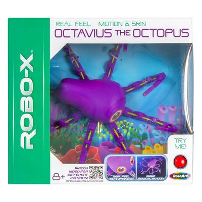 ROBO-X Octavius The Octopus Interactive Robotic Toy—a purple robotic octopus with textured skin, lifelike movement, and boxed packaging. Suitable for ages 8+.