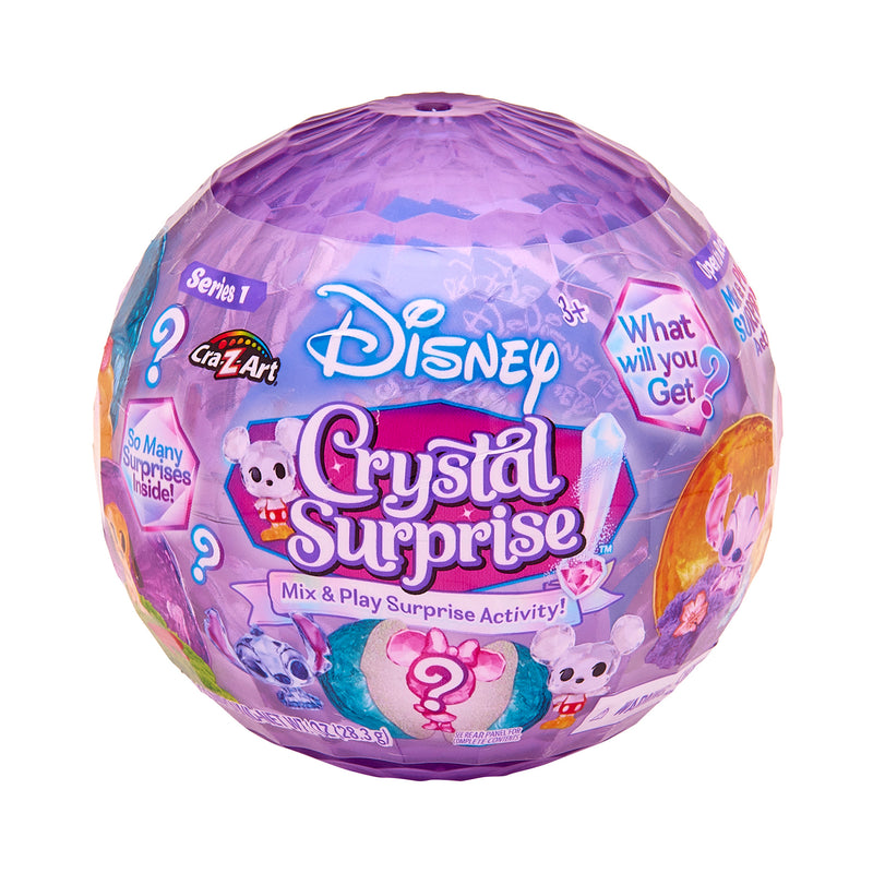 The Disney Crystal Surprise Color Change Ball, a round, purple package adorned with various cartoon animals and the exciting phrase "What will you get?," promises delightful surprises and color-changing wonders inside.