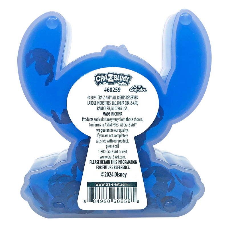 A Stitch-themed blue container figure with raised arms, viewed from the back. The packaging features Cra-Z-Slimy branding, along with product details and contact information.