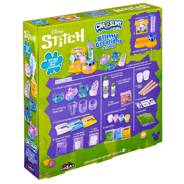 Back of a Stitch Slime Studio kit box shows included items, step-by-step instructions, and product images on a bold green and purple background.