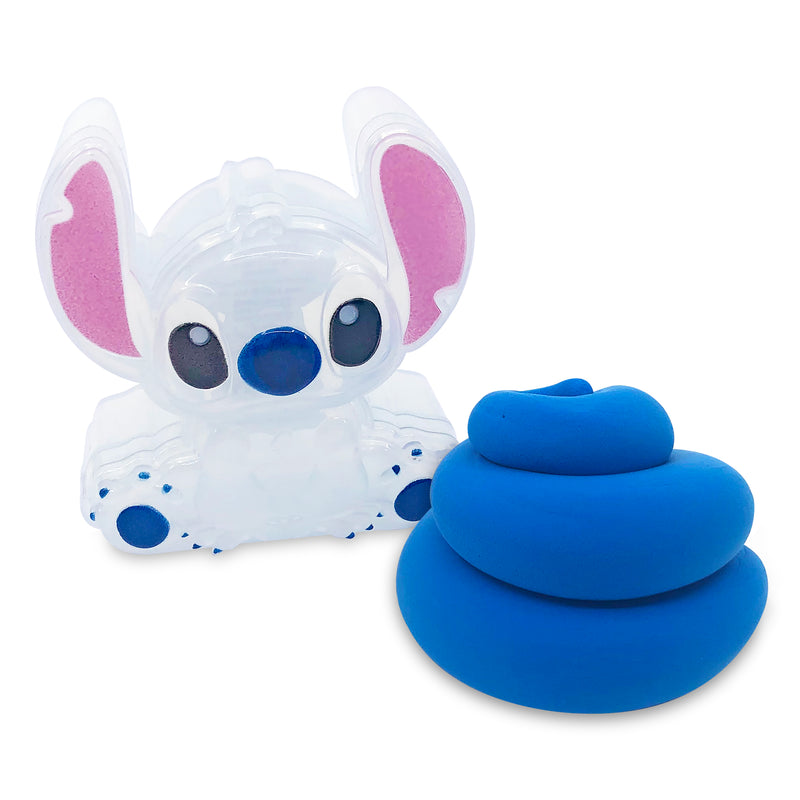 A Stitch Shaped Cra-Z-Slimy Container, resembling a small animal, sits next to a blue spiral-shaped object, capturing the essence of Stitch's playful chaos.