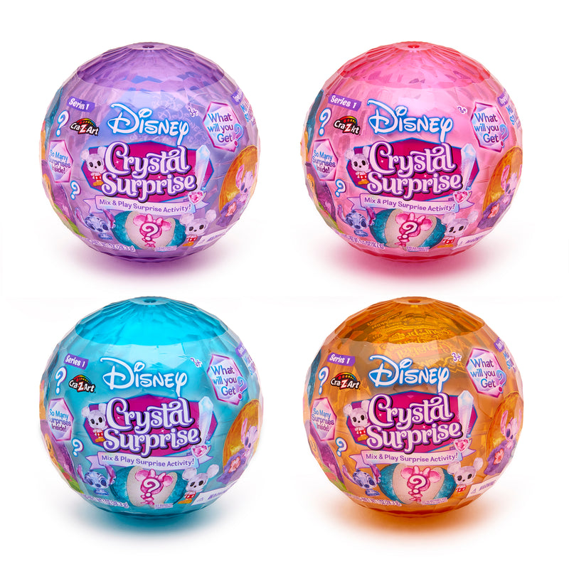 Experience the enchantment of Disney Crystal Surprise Color Change Balls, available in packaging options of pink, blue, purple, and gold. Each is marked with "Mix & Play Surprise Activity" and "Series 1," providing a captivating Color Change experience that will delight fans of all ages.