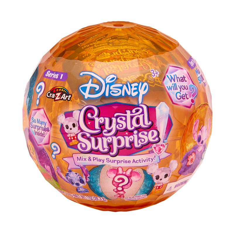 Disney Crystal Surprise Color Change Ball, Series 1, showcases vibrant graphics and text such as "So Many Surprises Inside!" and "Color Change Fun Awaits!" designed for children aged 3 and up.